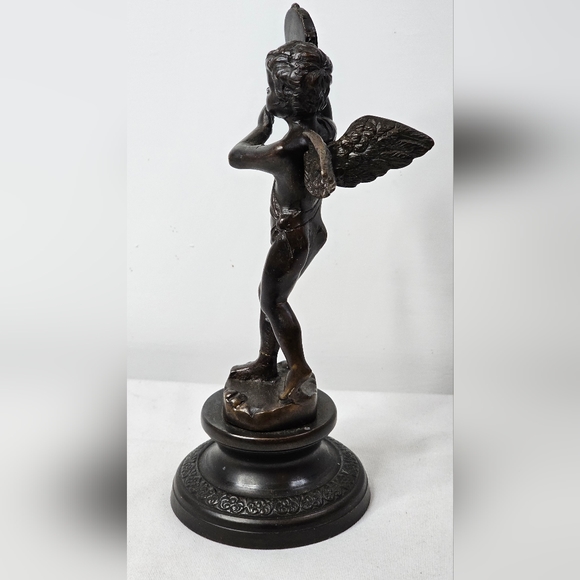 Bronze Cherub Angel Statue Playing Tambourine French Style Musical Vintage Art - Picture 9 of 14
